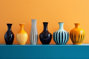 lineup-vivid-vases-shelf-with-blue-yellow-pattern_922357-35884